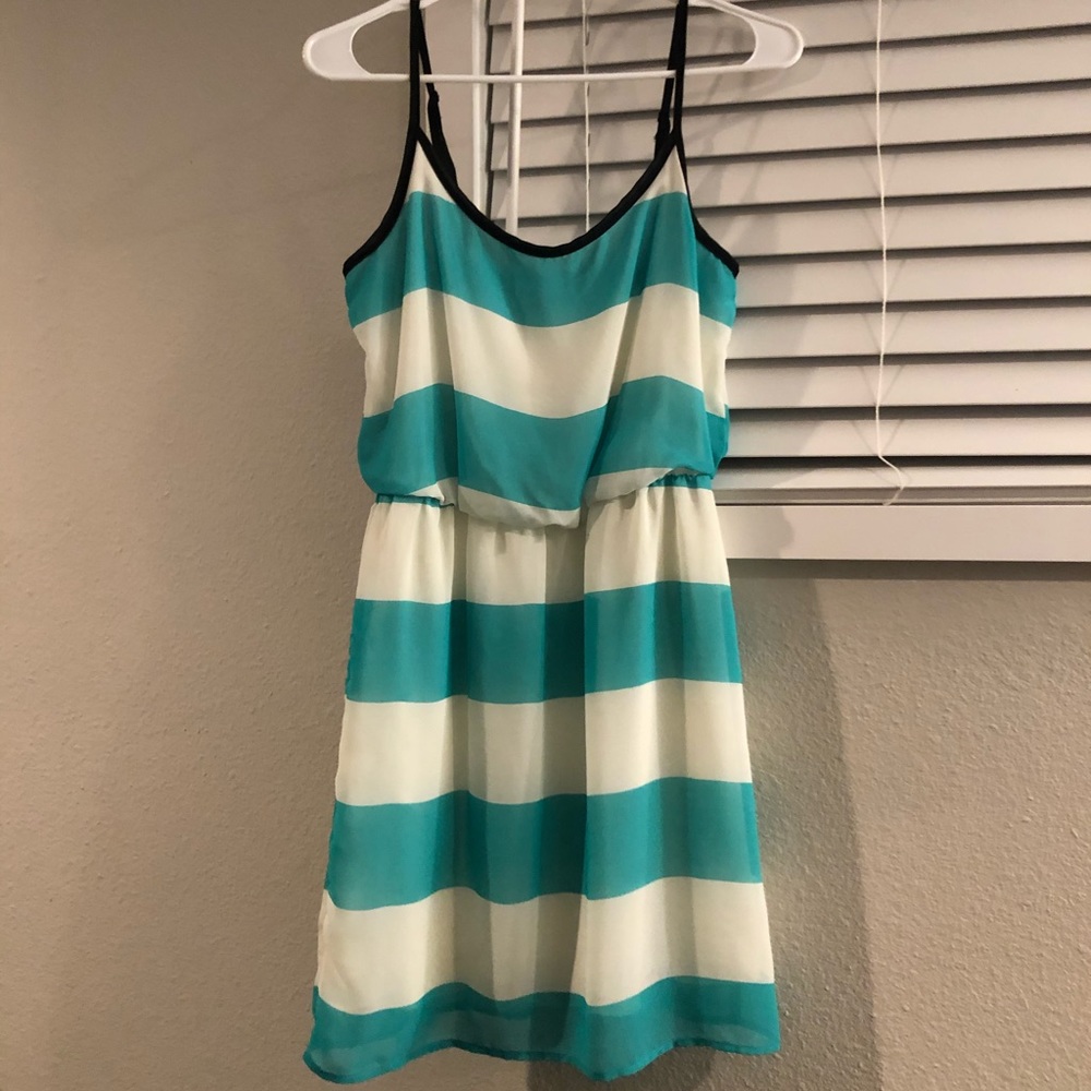 Turquoise, white, and black striped dress